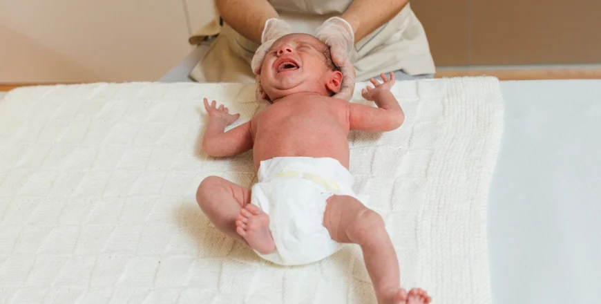 Bebé recém-nascido durante uma avaliação de fisioterapia pediátrica